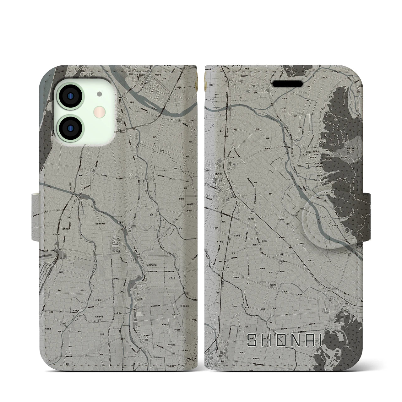 【庄内(山形県)】地図柄iPhoneケース(手帳タイプ)モノトーン・iPhone 12 mini 用