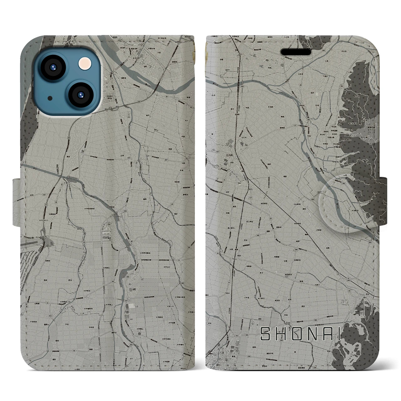 【庄内(山形県)】地図柄iPhoneケース(手帳タイプ)モノトーン・iPhone 13 用
