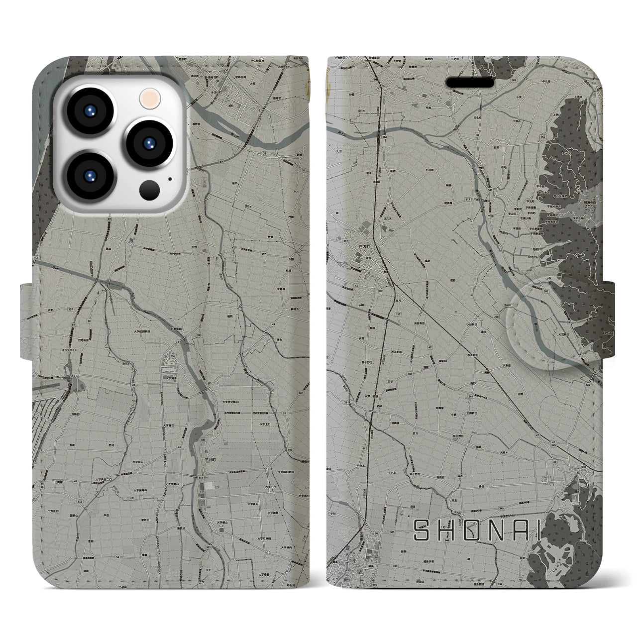 【庄内(山形県)】地図柄iPhoneケース(手帳タイプ)モノトーン・iPhone 13 Pro 用