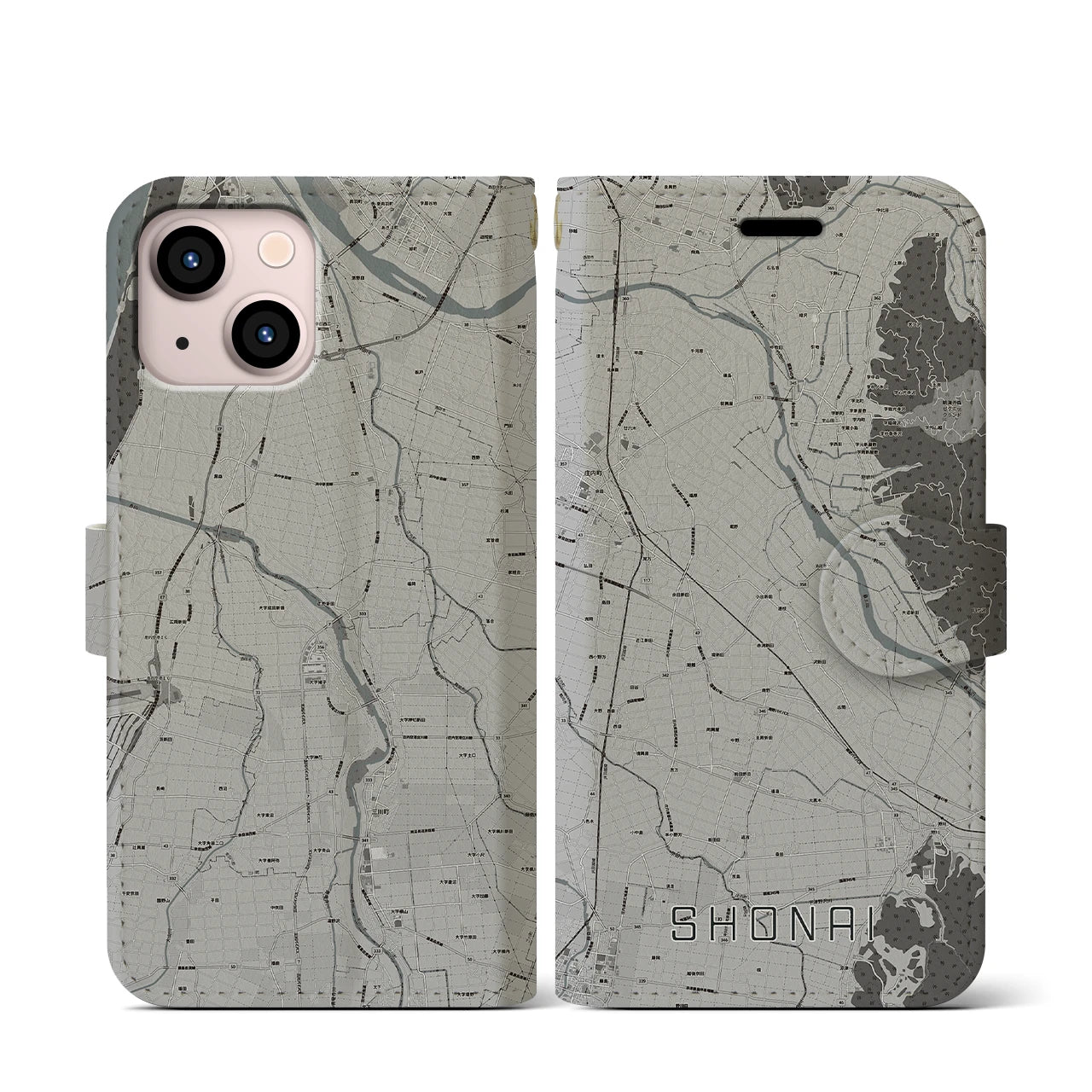 【庄内(山形県)】地図柄iPhoneケース(手帳タイプ)モノトーン・iPhone 13 mini 用