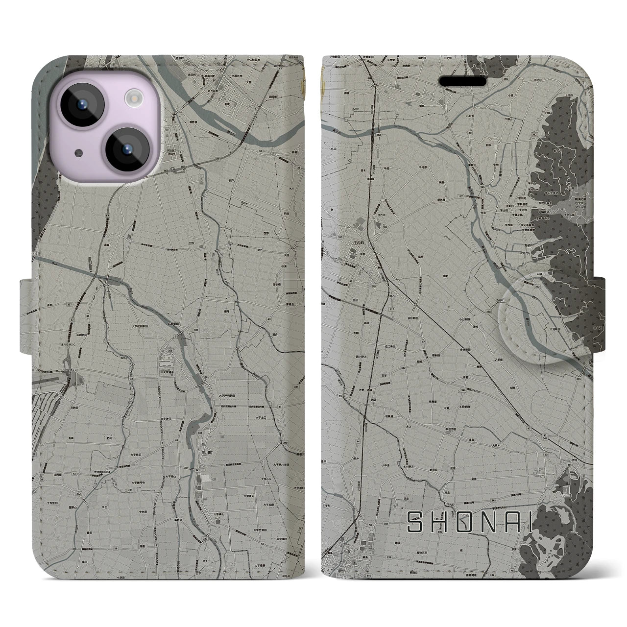 【庄内(山形県)】地図柄iPhoneケース(手帳タイプ)モノトーン・iPhone 14 用