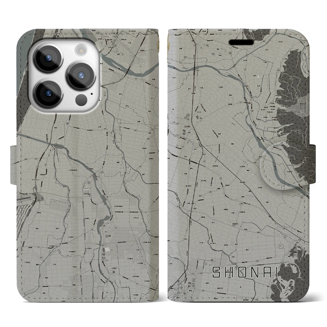 【庄内(山形県)】地図柄iPhoneケース(手帳タイプ)モノトーン・iPhone 14 Pro 用