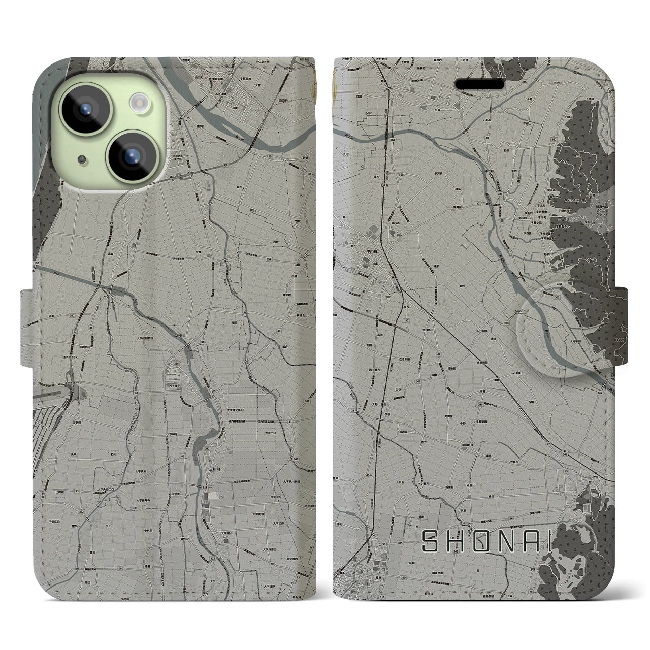 【庄内(山形県)】地図柄iPhoneケース(手帳タイプ)モノトーン・iPhone 15 用