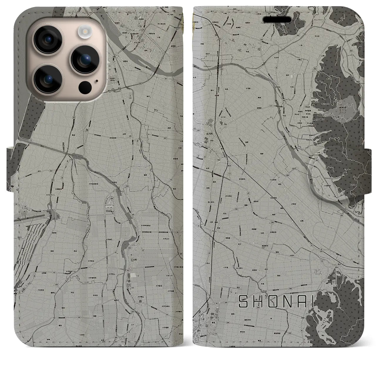 【庄内(山形県)】地図柄iPhoneケース(手帳タイプ)モノトーン・iPhone 16 Plus 用