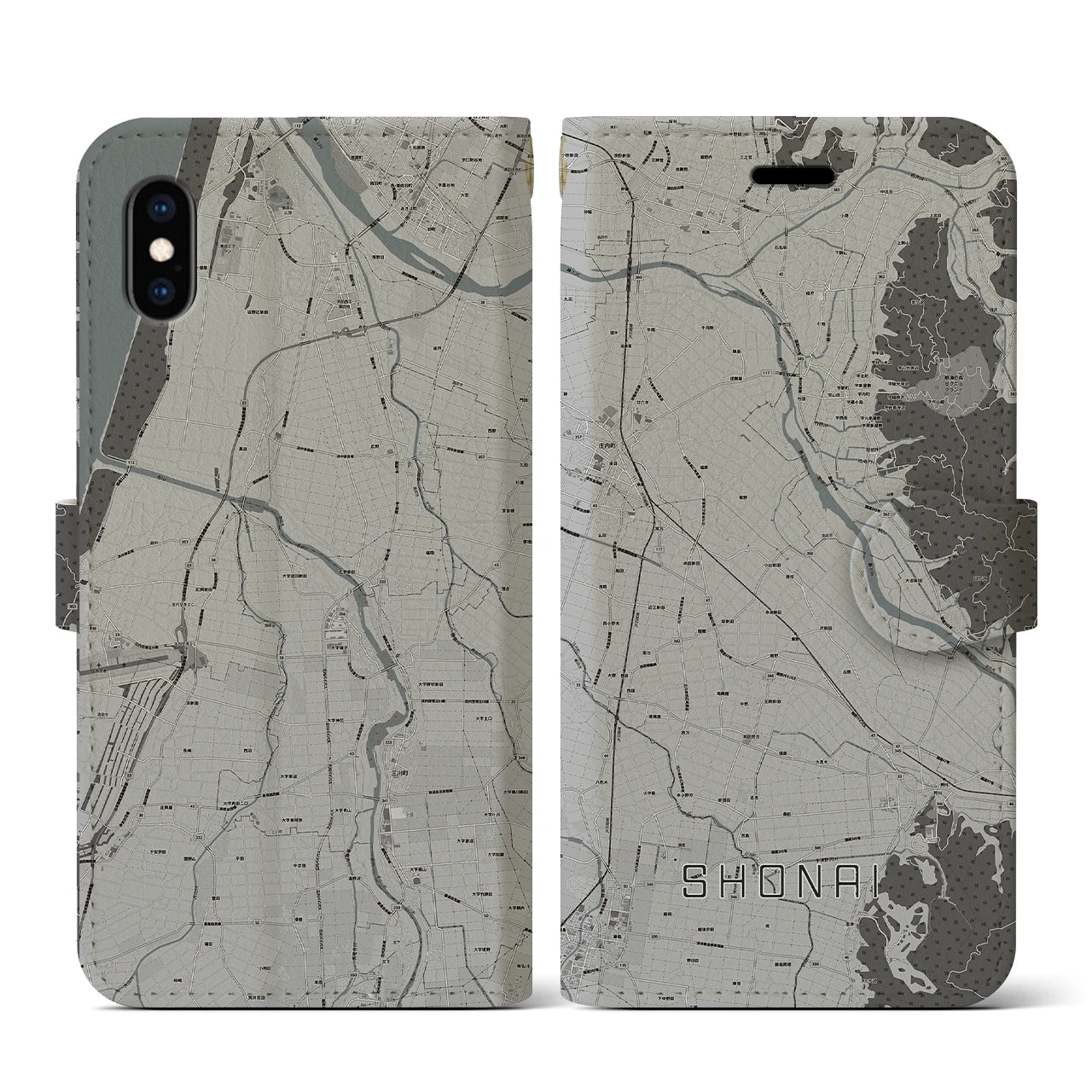 【庄内(山形県)】地図柄iPhoneケース(手帳タイプ)モノトーン・iPhone XS / X 用