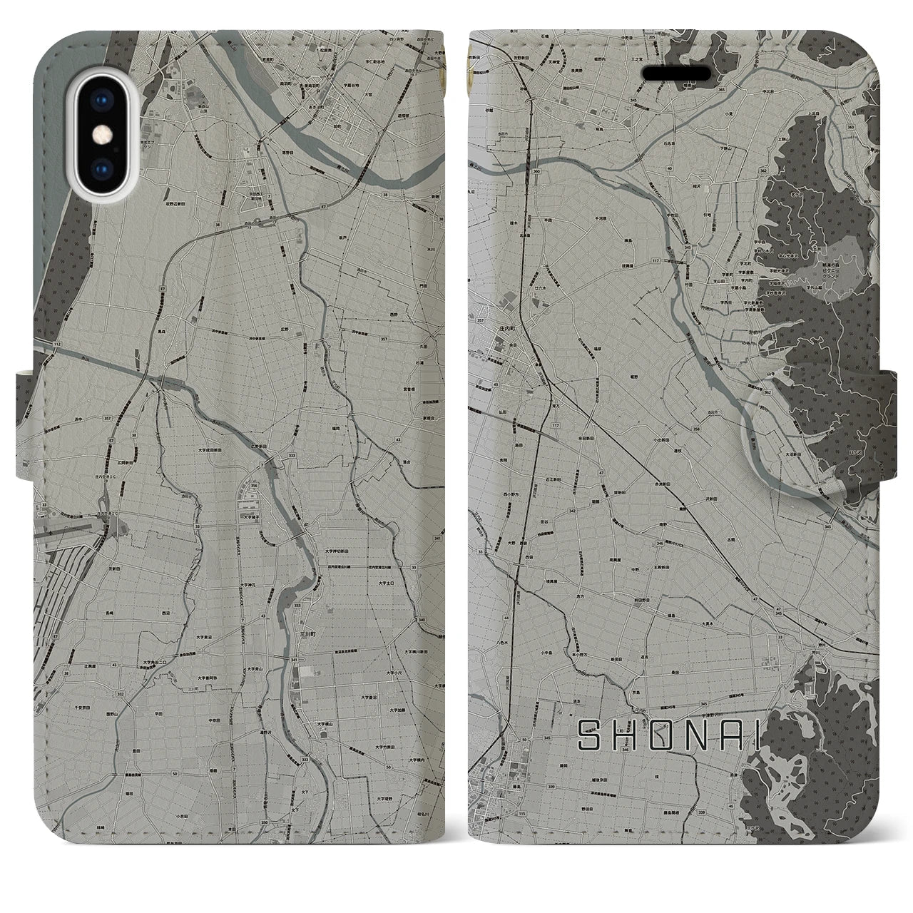 【庄内(山形県)】地図柄iPhoneケース(手帳タイプ)モノトーン・iPhone XS Max 用