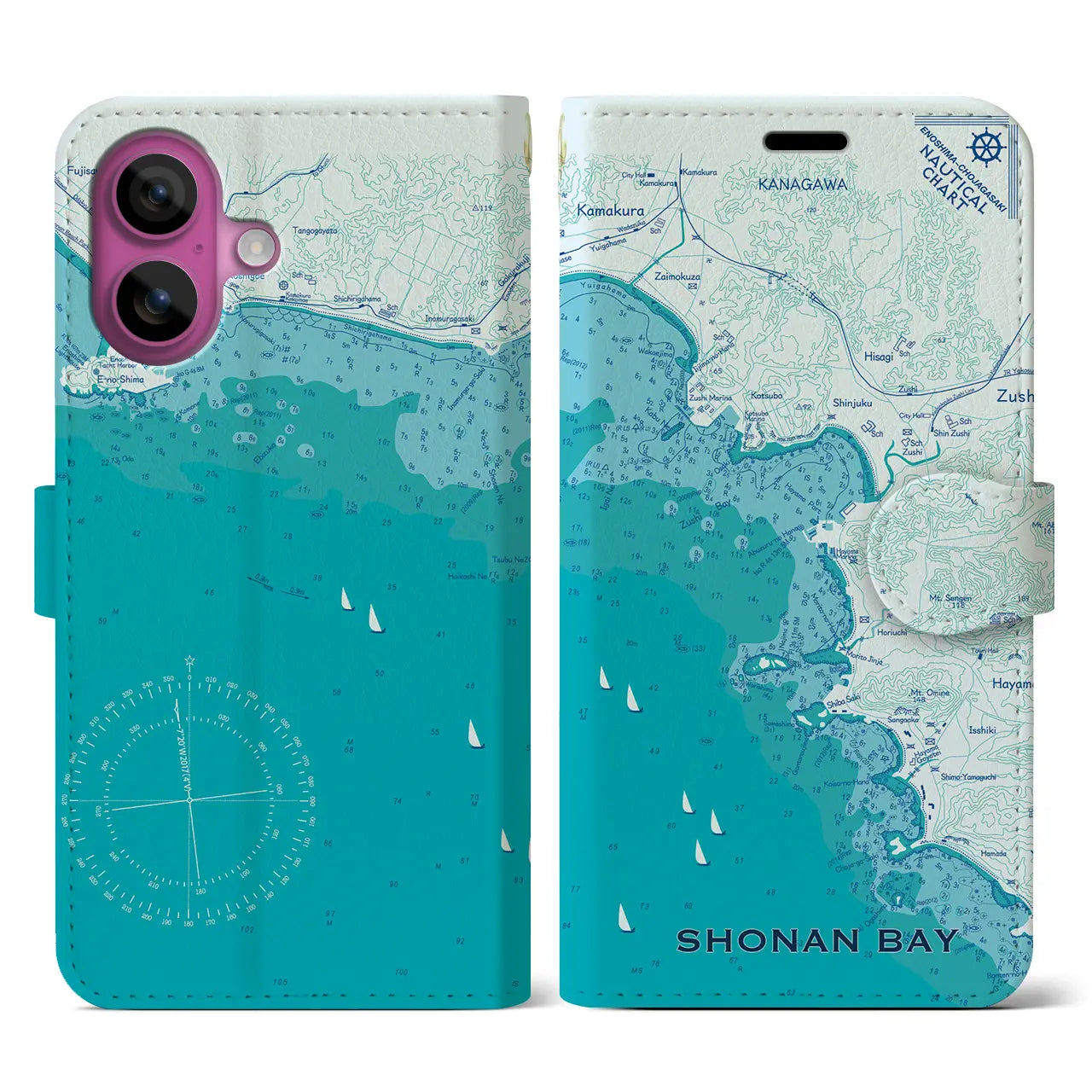 【湘南海岸(神奈川県)】海図iPhoneケース(手帳タイプ)ブルー・iPhone 16 Pro 用