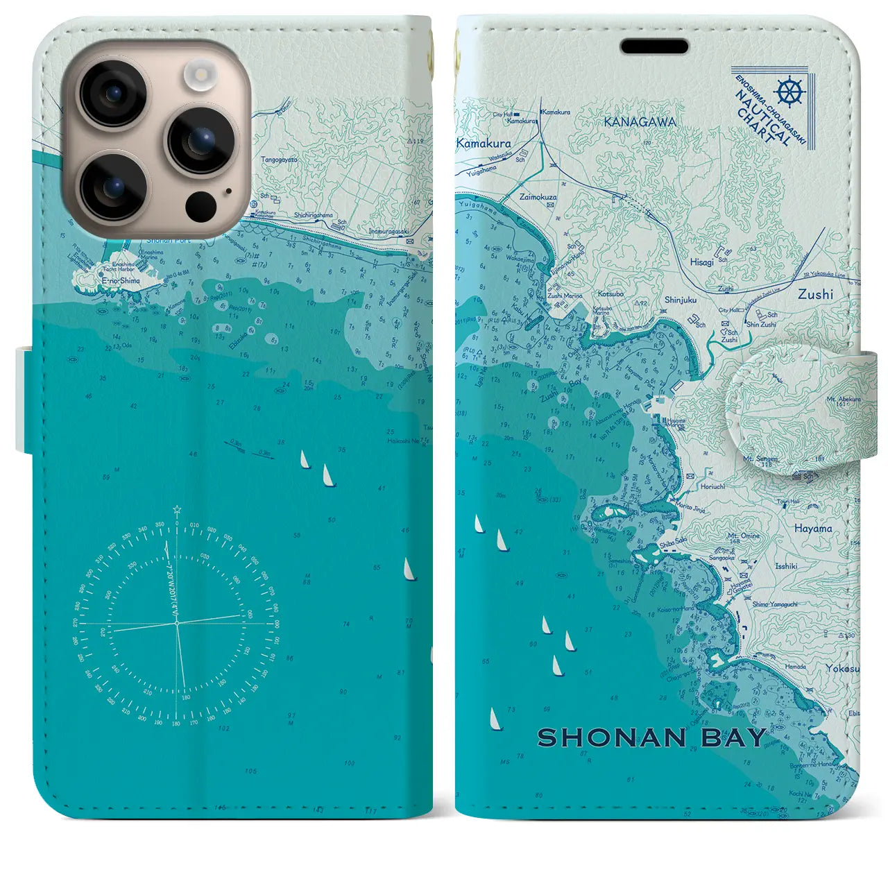 【湘南海岸(神奈川県)】海図iPhoneケース(手帳タイプ)ブルー・iPhone 16 Plus 用