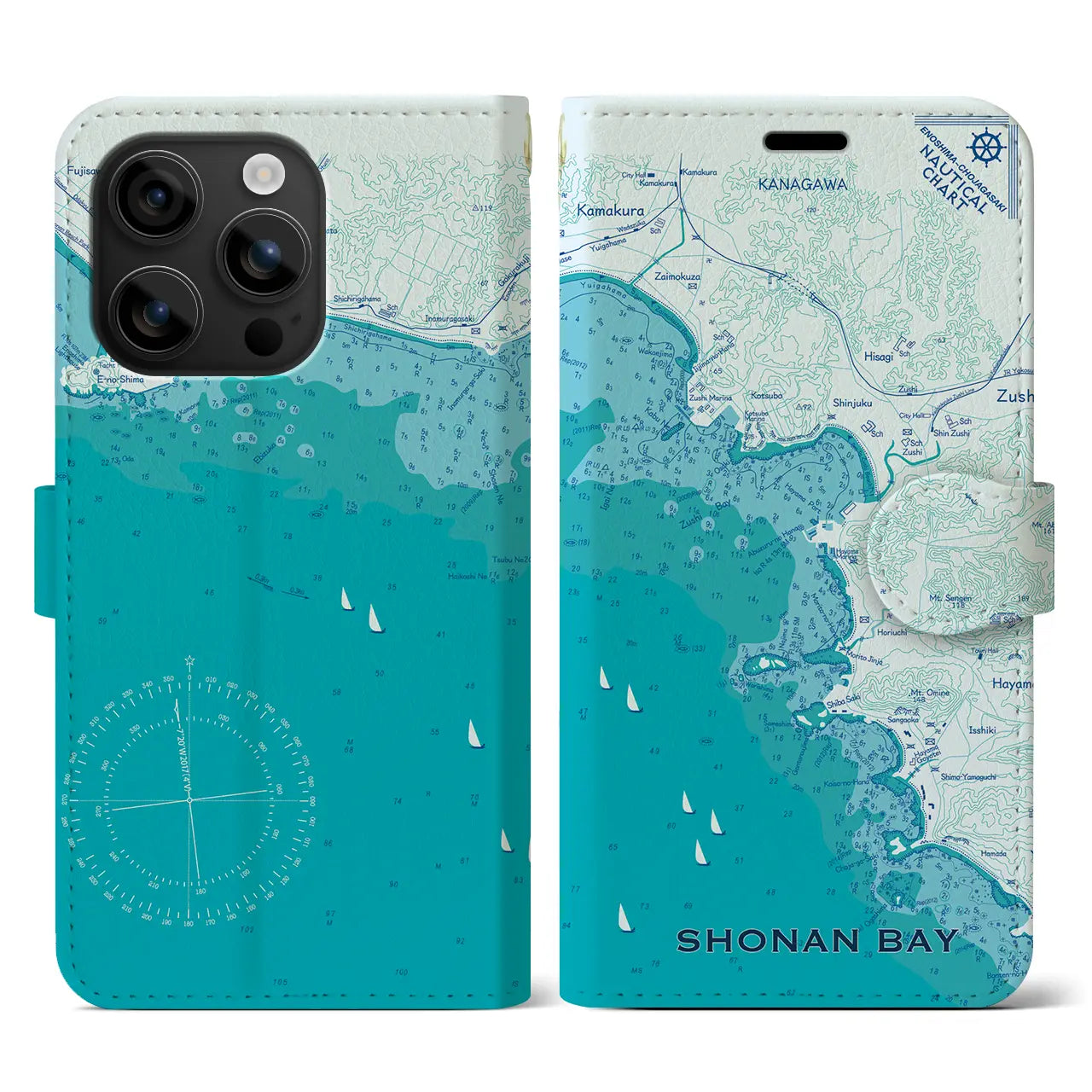 【湘南海岸(神奈川県)】海図iPhoneケース(手帳タイプ)ブルー・iPhone 16 用