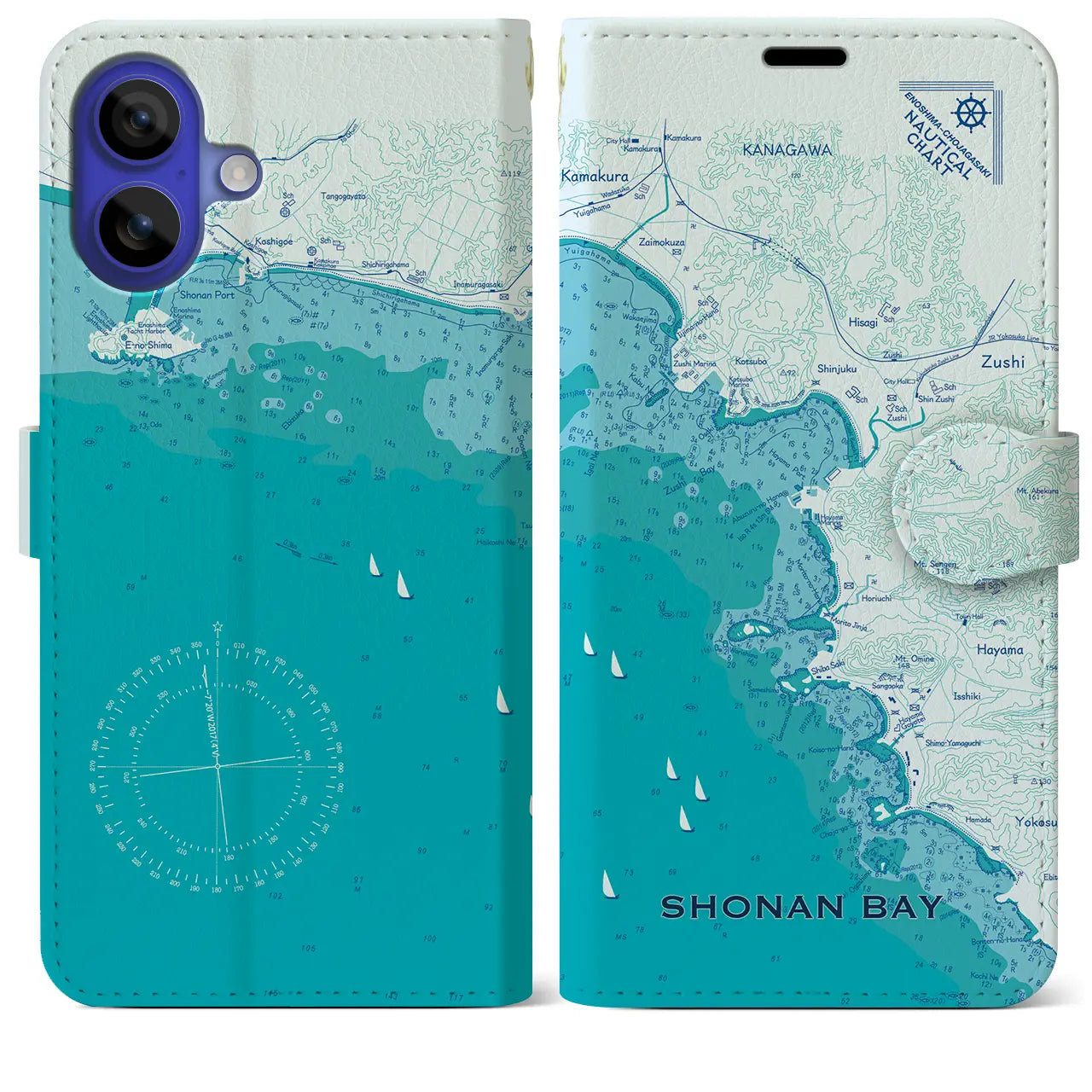 【湘南海岸(神奈川県)】海図iPhoneケース(手帳タイプ)ブルー・iPhone 16 Pro Max 用