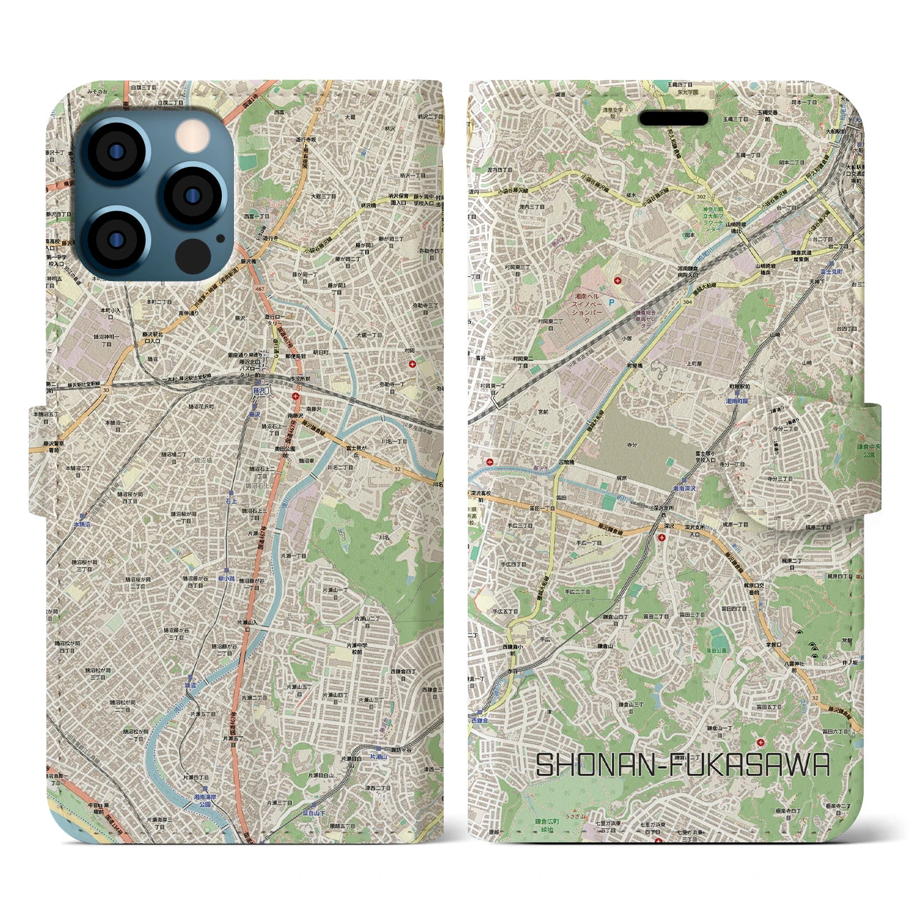 【湘南深沢(神奈川県)】地図柄iPhoneケース(手帳タイプ)