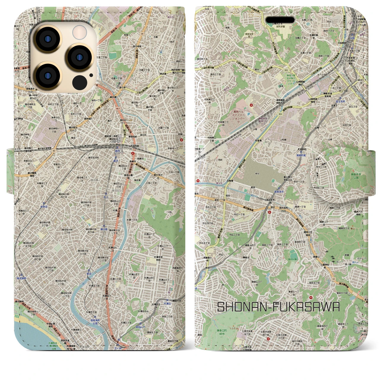 【湘南深沢(神奈川県)】地図柄iPhoneケース(手帳タイプ)