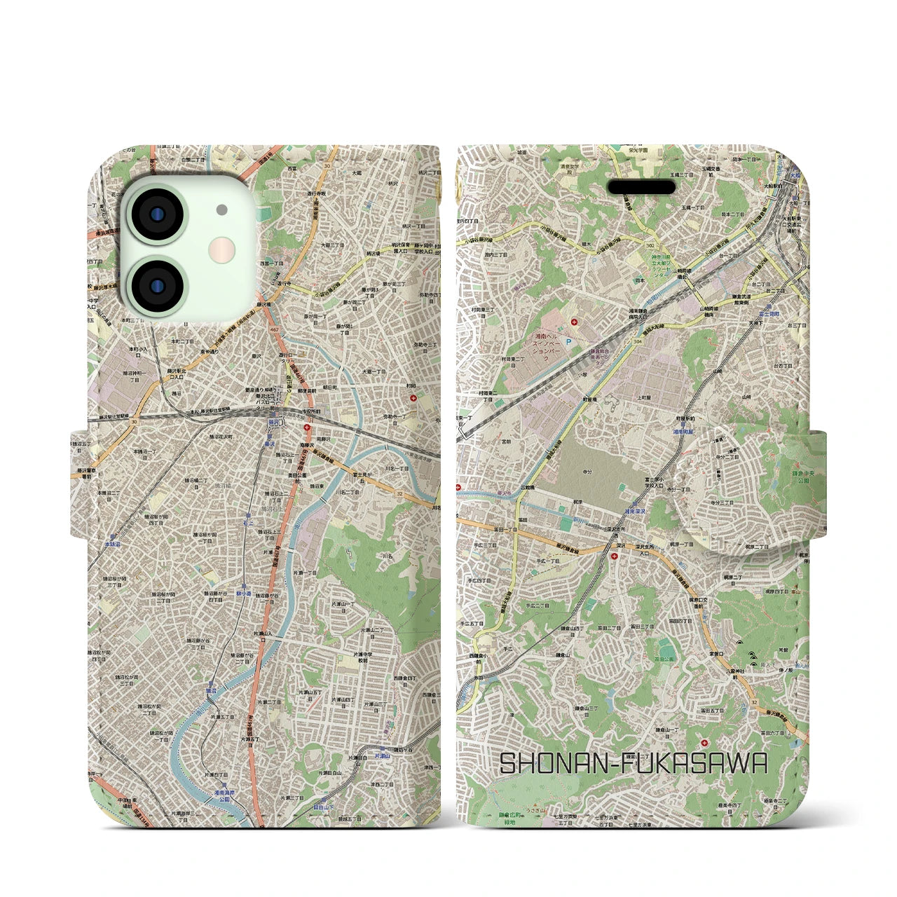 【湘南深沢(神奈川県)】地図柄iPhoneケース(手帳タイプ)