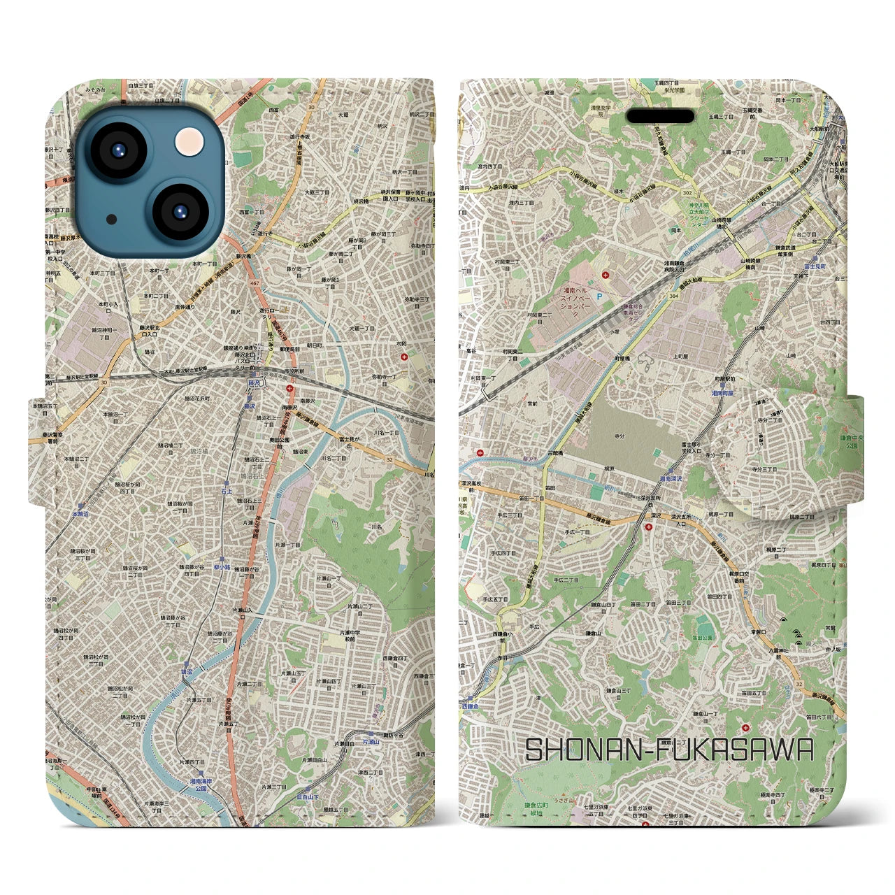 【湘南深沢(神奈川県)】地図柄iPhoneケース(手帳タイプ)