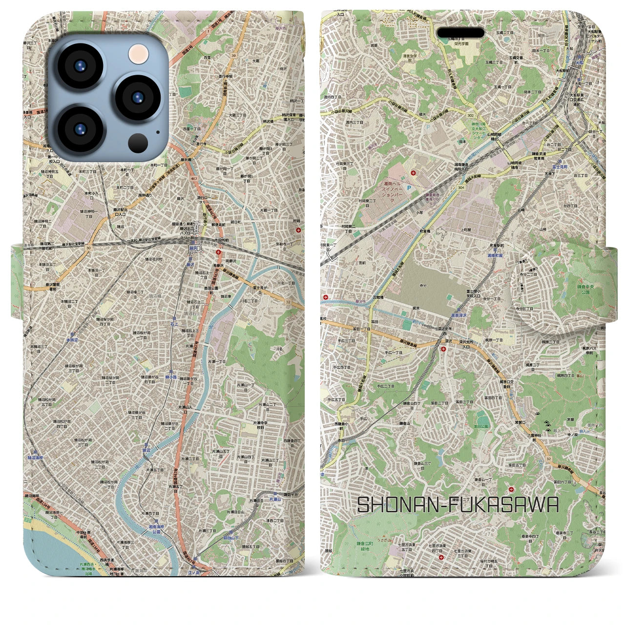 【湘南深沢(神奈川県)】地図柄iPhoneケース(手帳タイプ)