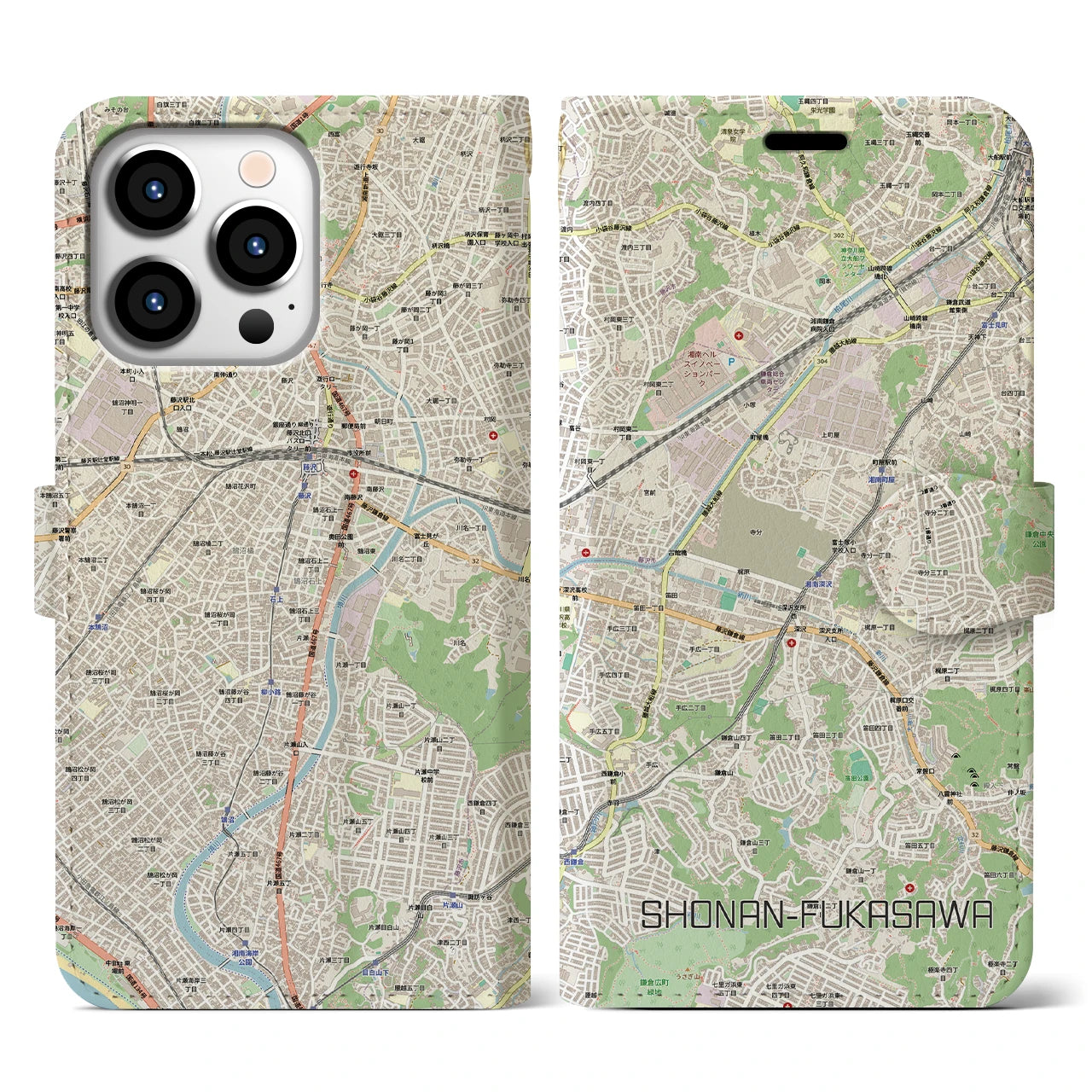 【湘南深沢(神奈川県)】地図柄iPhoneケース(手帳タイプ)