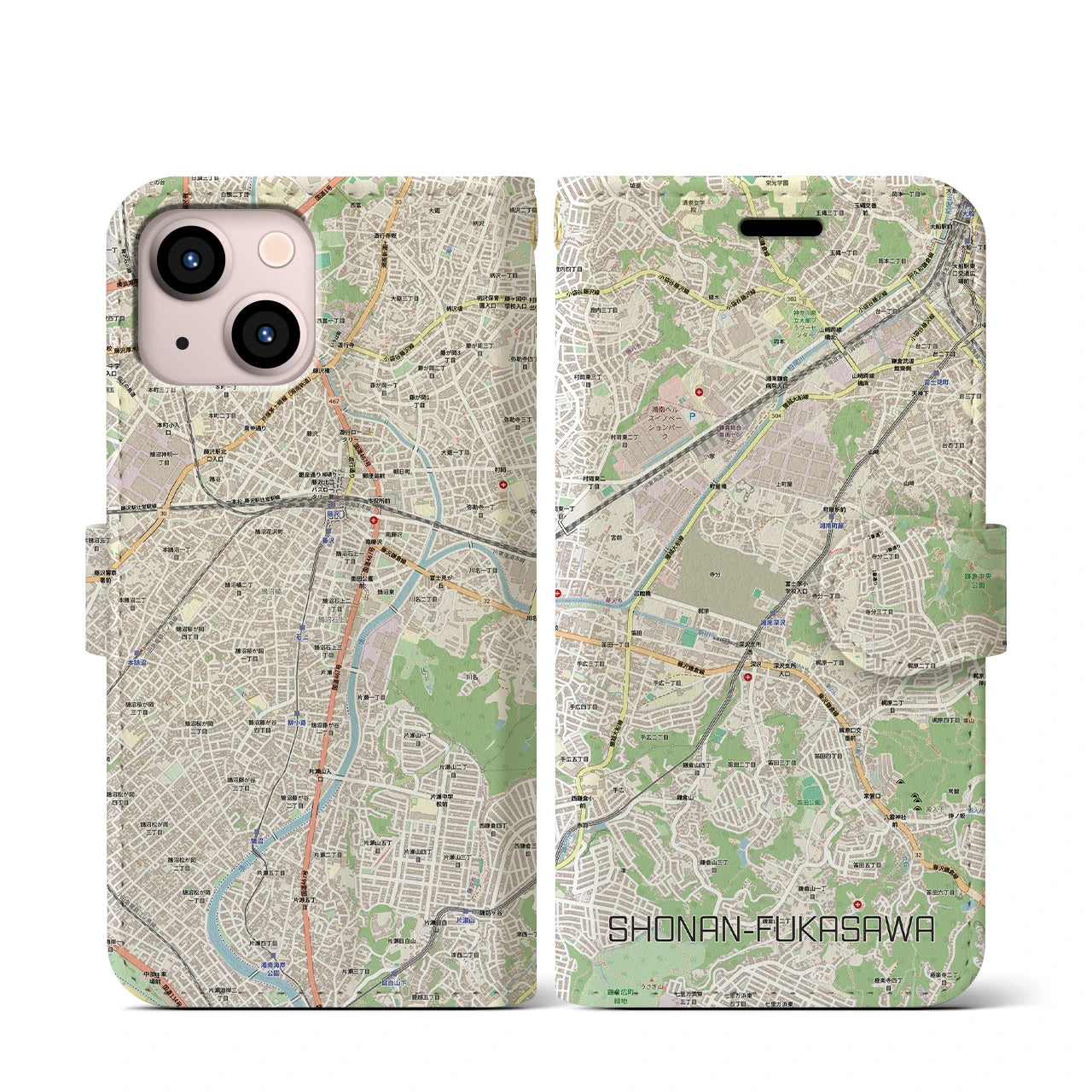 【湘南深沢(神奈川県)】地図柄iPhoneケース(手帳タイプ)