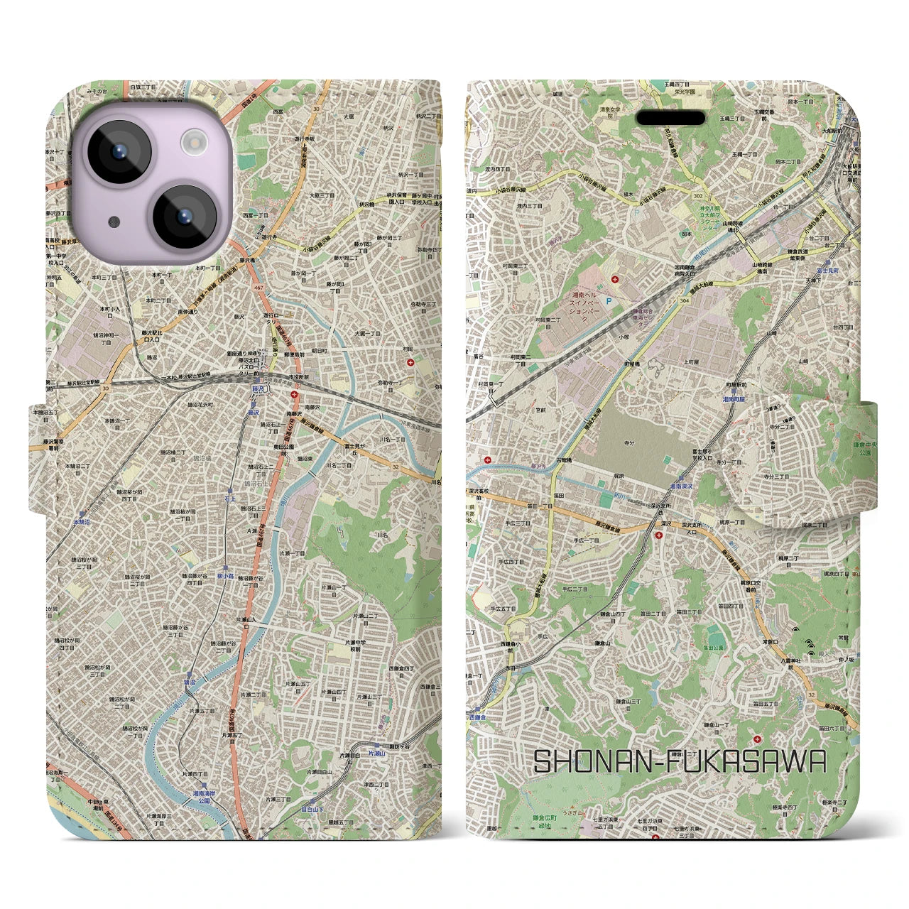 【湘南深沢(神奈川県)】地図柄iPhoneケース(手帳タイプ)