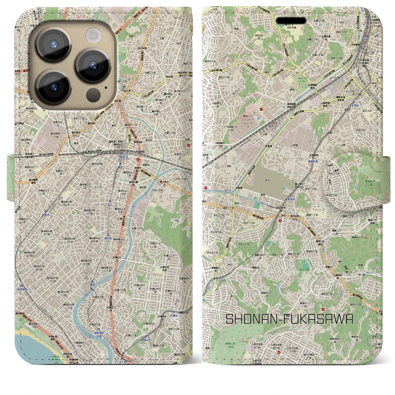 【湘南深沢(神奈川県)】地図柄iPhoneケース(手帳タイプ)