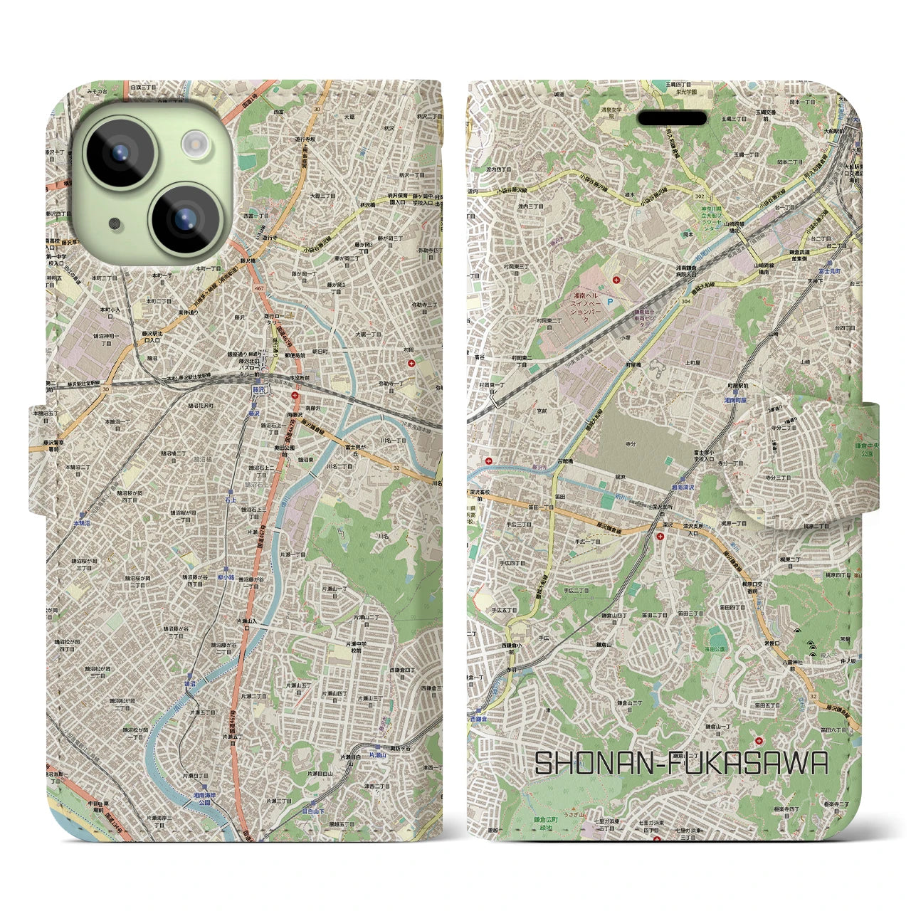 【湘南深沢(神奈川県)】地図柄iPhoneケース(手帳タイプ)