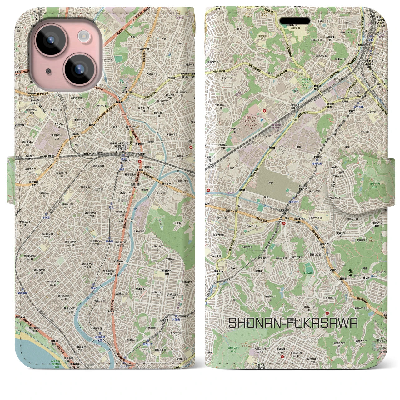 【湘南深沢(神奈川県)】地図柄iPhoneケース(手帳タイプ)