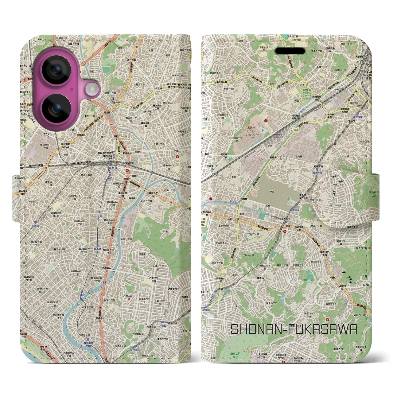 【湘南深沢(神奈川県)】地図柄iPhoneケース(手帳タイプ)