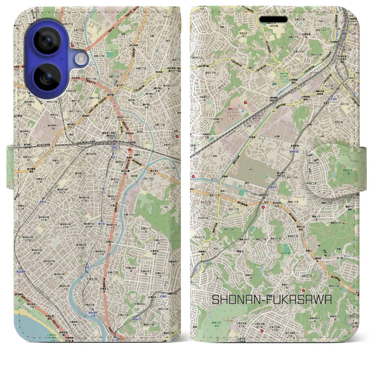【湘南深沢(神奈川県)】地図柄iPhoneケース(手帳タイプ)モノトーン・iPhone 16 Pro Max 用