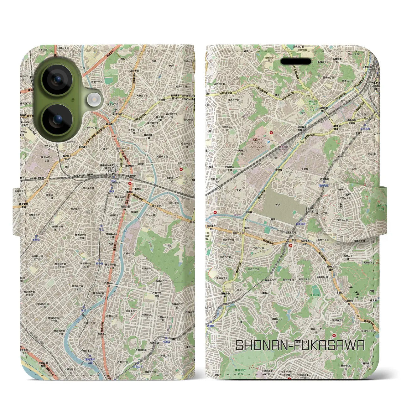 【湘南深沢(神奈川県)】地図柄iPhoneケース(手帳タイプ)