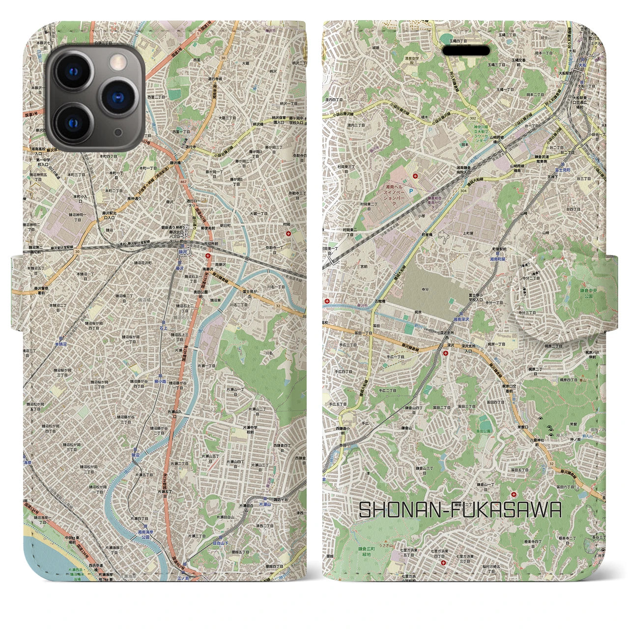 【湘南深沢(神奈川県)】地図柄iPhoneケース(手帳タイプ)