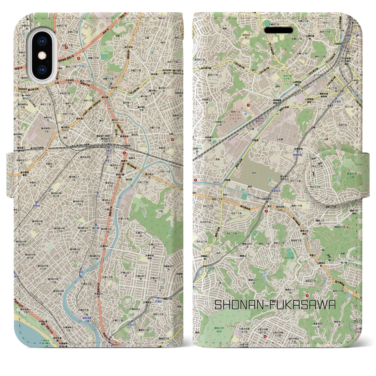 【湘南深沢(神奈川県)】地図柄iPhoneケース(手帳タイプ)