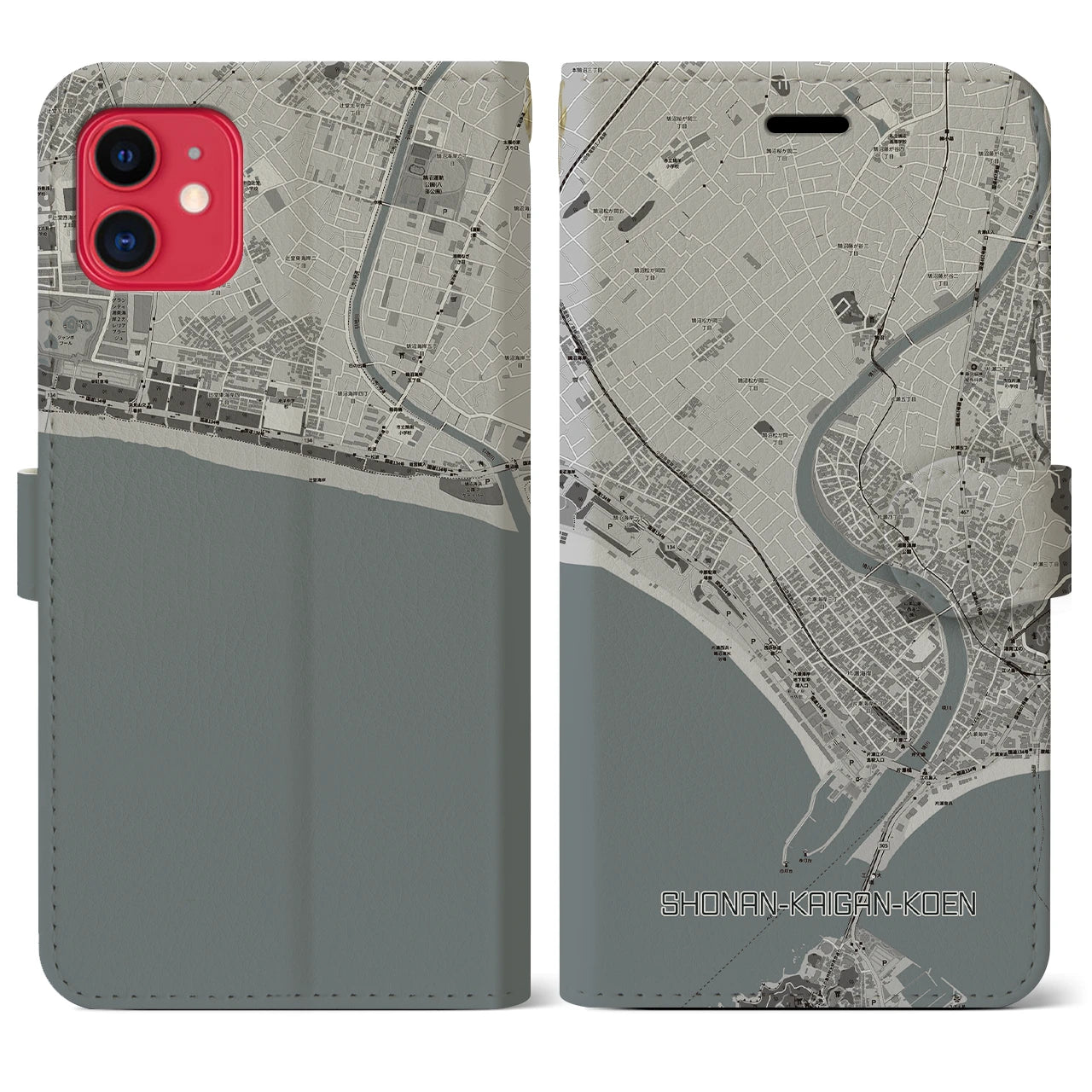 【湘南海岸公園(神奈川県)】地図柄iPhoneケース(手帳タイプ)モノトーン・iPhone 11 用