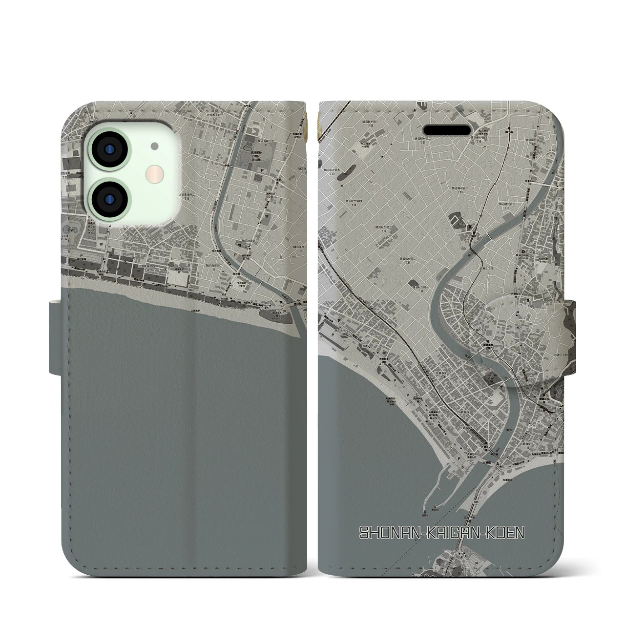 【湘南海岸公園(神奈川県)】地図柄iPhoneケース(手帳タイプ)モノトーン・iPhone 12 mini 用