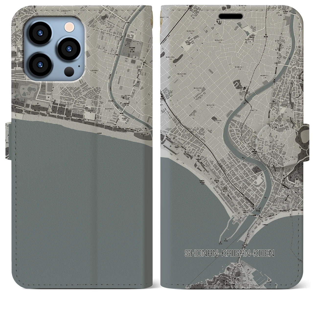 【湘南海岸公園(神奈川県)】地図柄iPhoneケース(手帳タイプ)モノトーン・iPhone 13 Pro Max 用