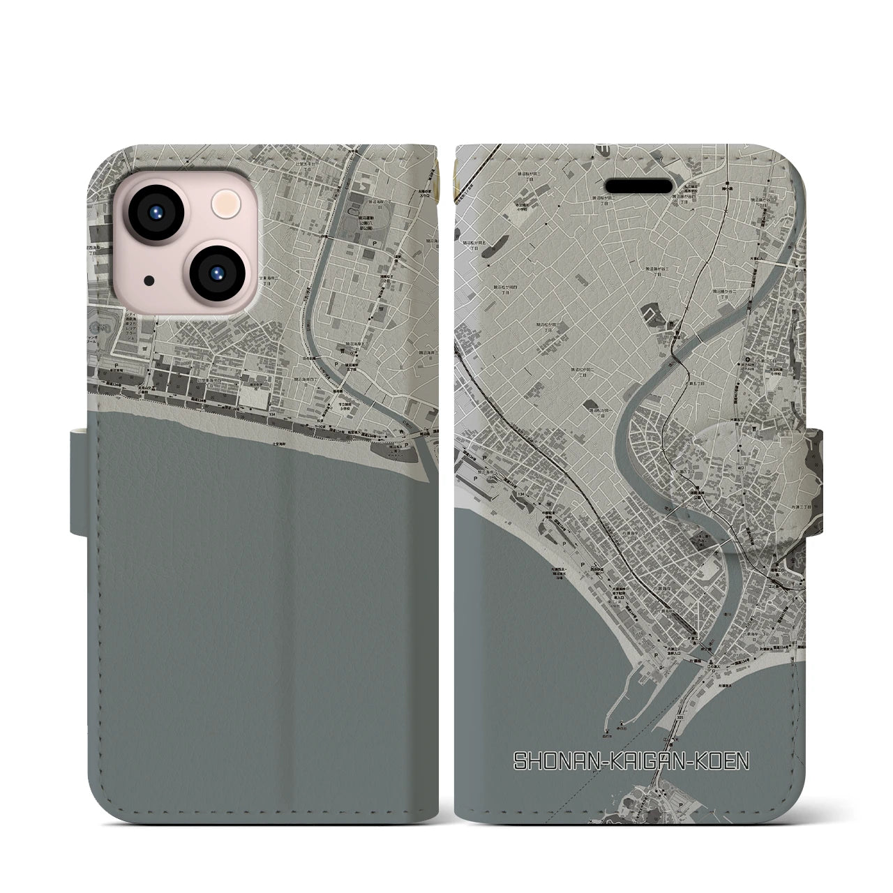 【湘南海岸公園(神奈川県)】地図柄iPhoneケース(手帳タイプ)モノトーン・iPhone 13 mini 用