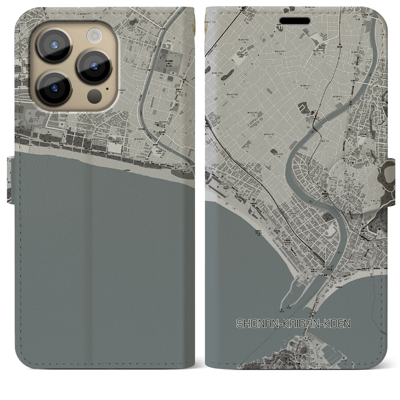【湘南海岸公園(神奈川県)】地図柄iPhoneケース(手帳タイプ)モノトーン・iPhone 14 Pro Max 用