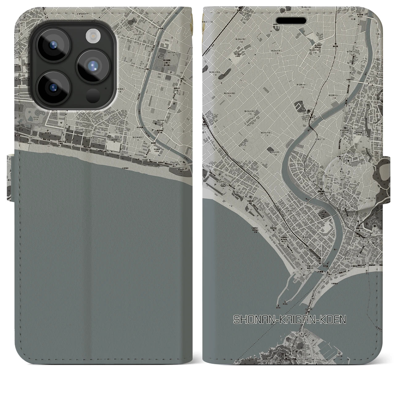 【湘南海岸公園(神奈川県)】地図柄iPhoneケース(手帳タイプ)モノトーン・iPhone 15 Pro Max 用