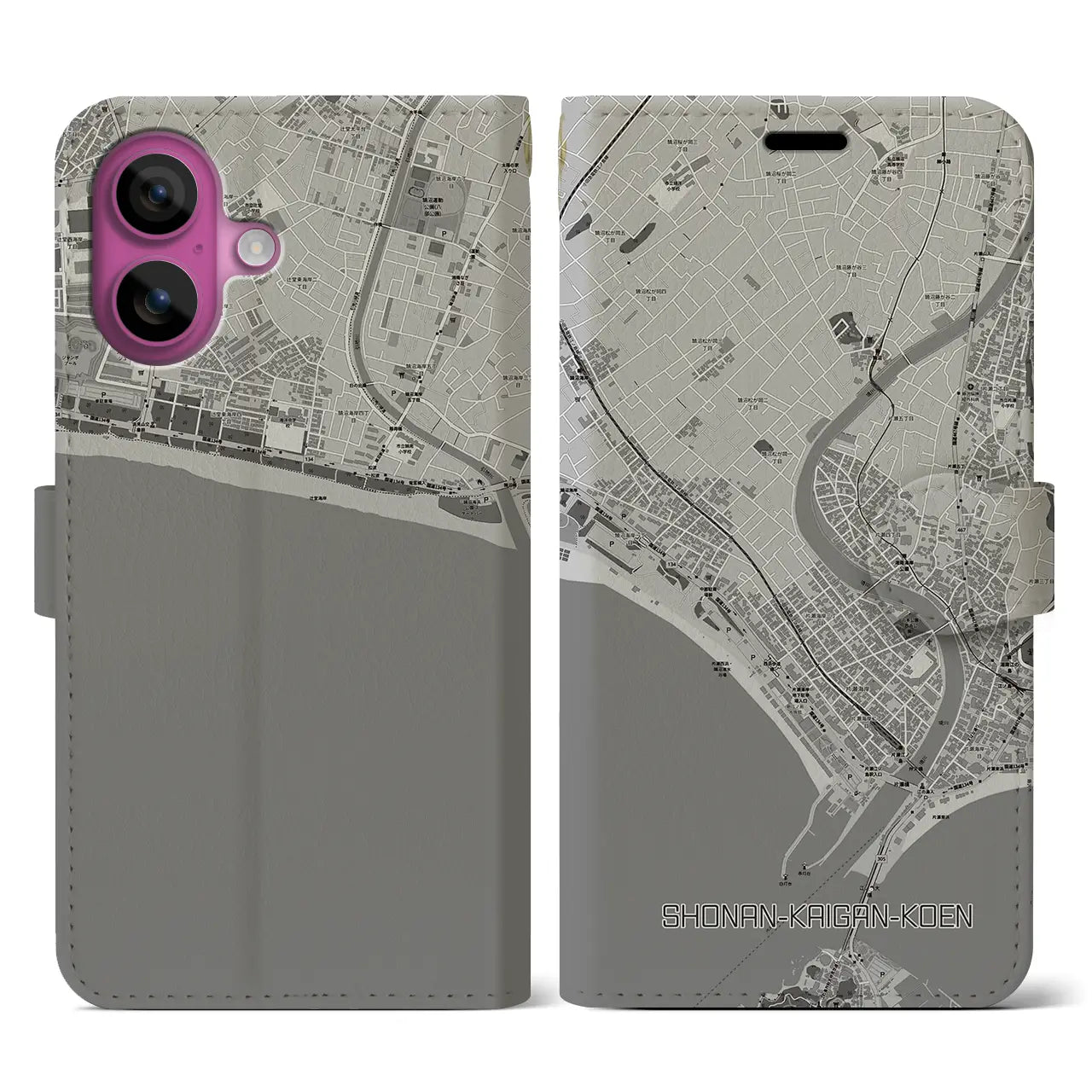 【湘南海岸公園(神奈川県)】地図柄iPhoneケース(手帳タイプ)モノトーン・iPhone 16 Pro 用