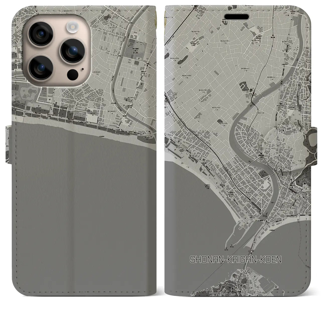 【湘南海岸公園(神奈川県)】地図柄iPhoneケース(手帳タイプ)モノトーン・iPhone 16 Plus 用