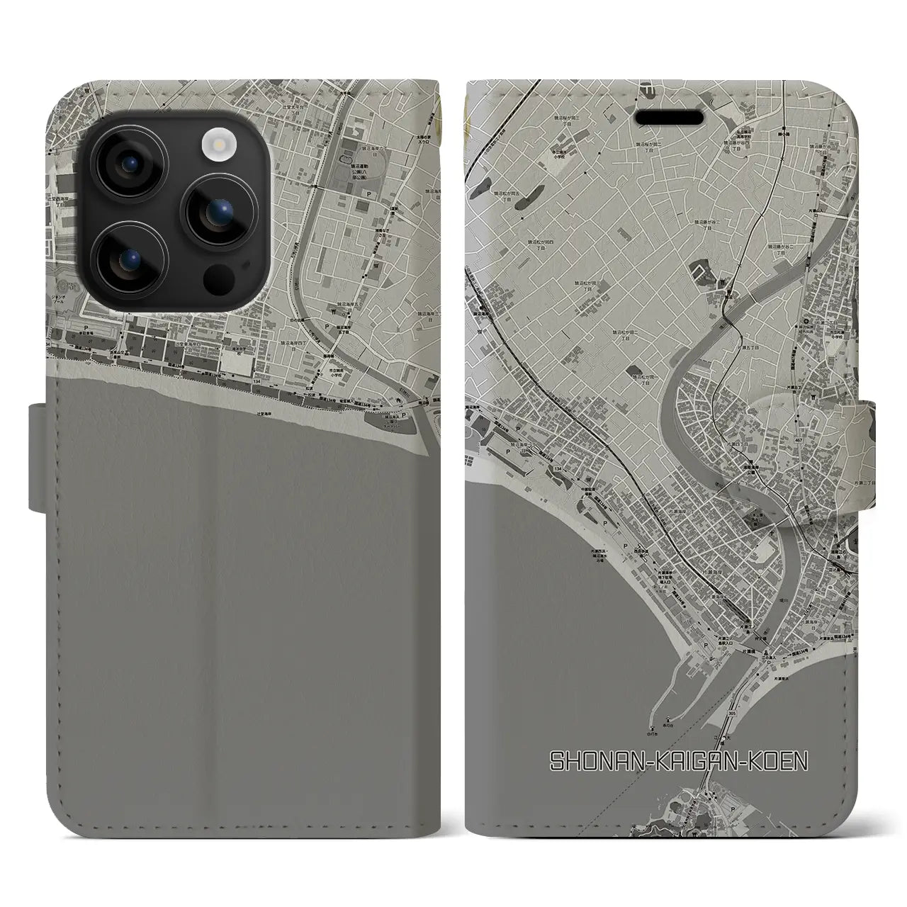 【湘南海岸公園(神奈川県)】地図柄iPhoneケース(手帳タイプ)モノトーン・iPhone 16 用