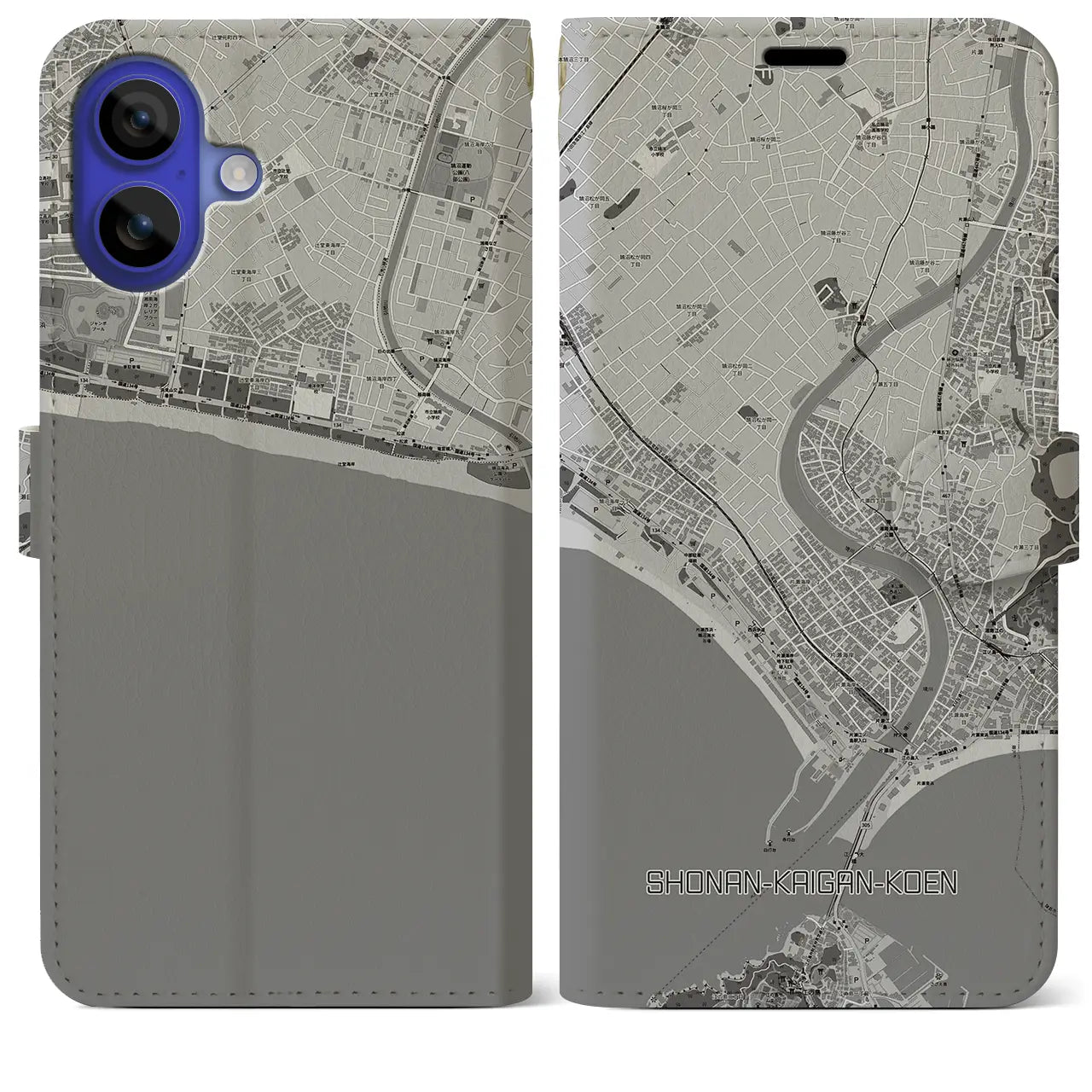 【湘南海岸公園(神奈川県)】地図柄iPhoneケース(手帳タイプ)モノトーン・iPhone 16 Pro Max 用