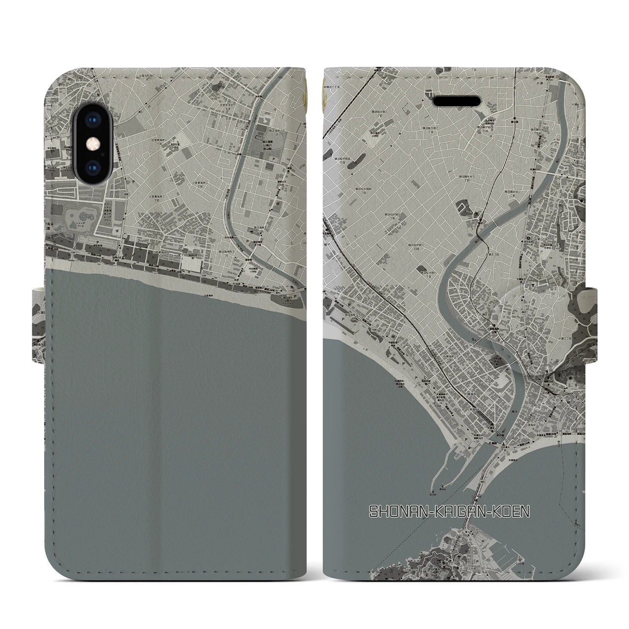 【湘南海岸公園(神奈川県)】地図柄iPhoneケース(手帳タイプ)モノトーン・iPhone XS / X 用