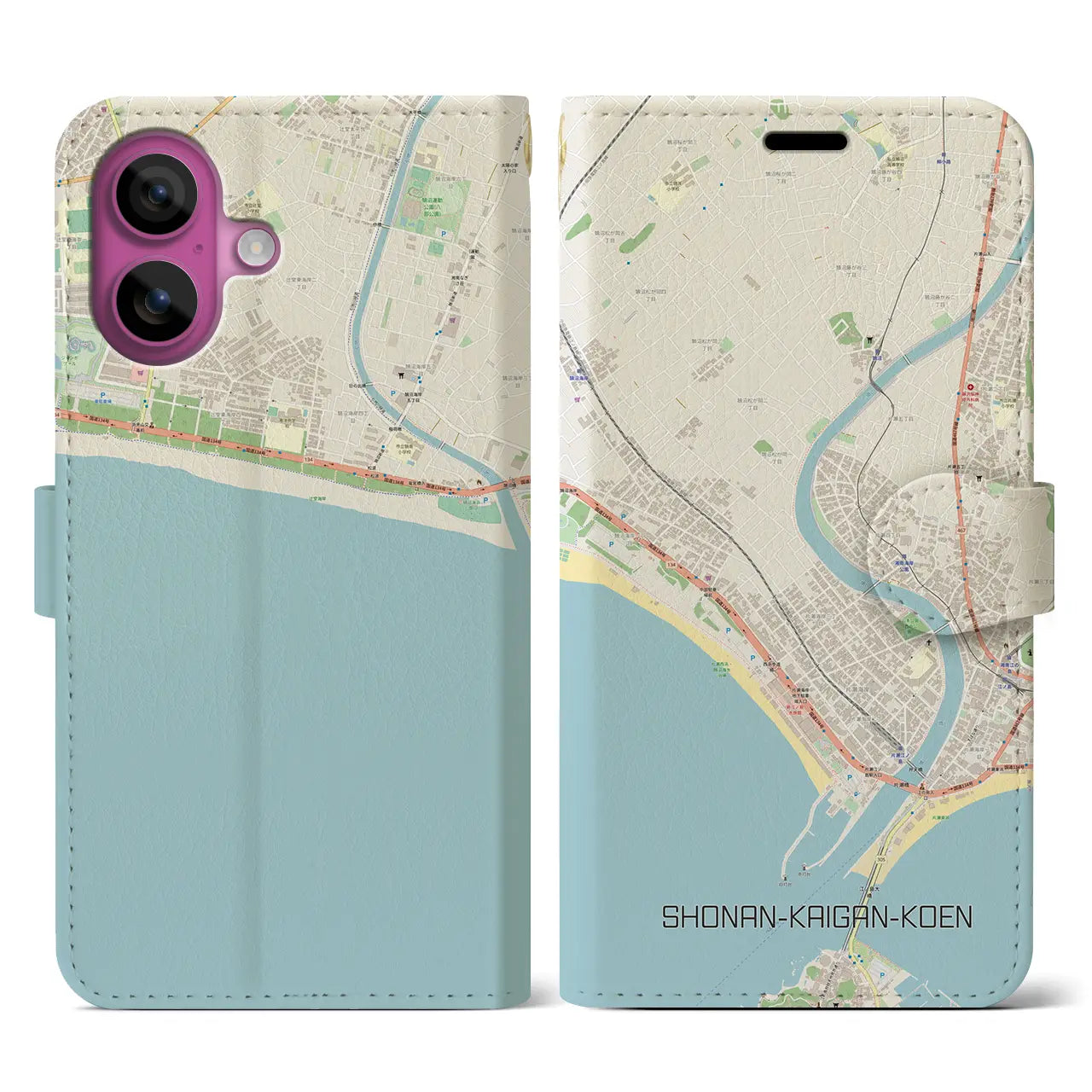 【湘南海岸公園(神奈川県)】地図柄iPhoneケース(手帳タイプ)ナチュラル・iPhone 16 Pro 用