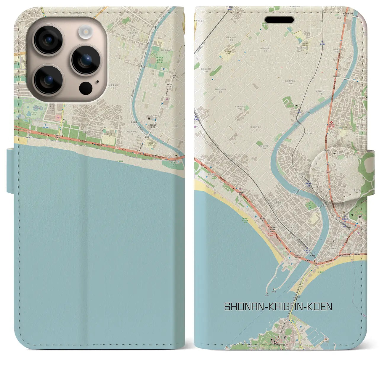 【湘南海岸公園(神奈川県)】地図柄iPhoneケース(手帳タイプ)ナチュラル・iPhone 16 Plus 用