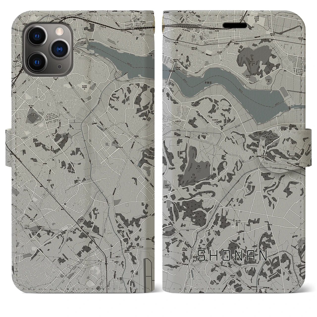 【沼南(千葉県)】地図柄iPhoneケース(手帳タイプ)モノトーン・iPhone 11 Pro Max 用