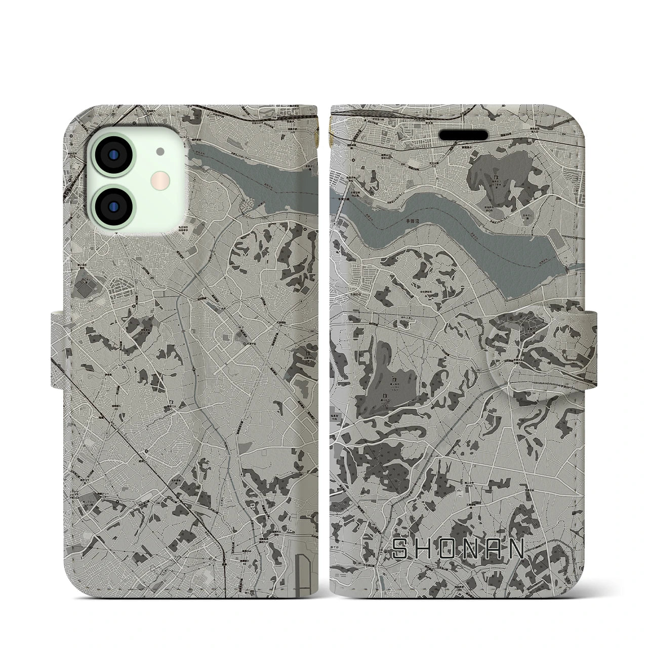 【沼南(千葉県)】地図柄iPhoneケース(手帳タイプ)モノトーン・iPhone 12 mini 用