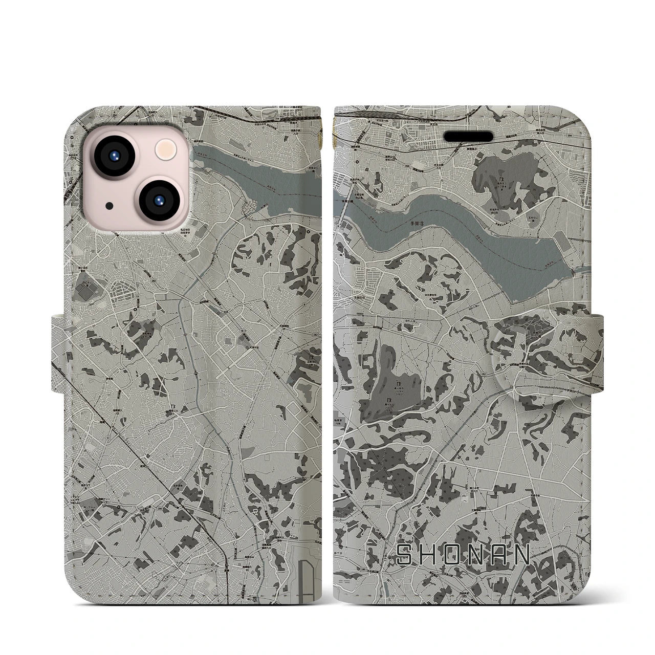 【沼南(千葉県)】地図柄iPhoneケース(手帳タイプ)モノトーン・iPhone 13 mini 用