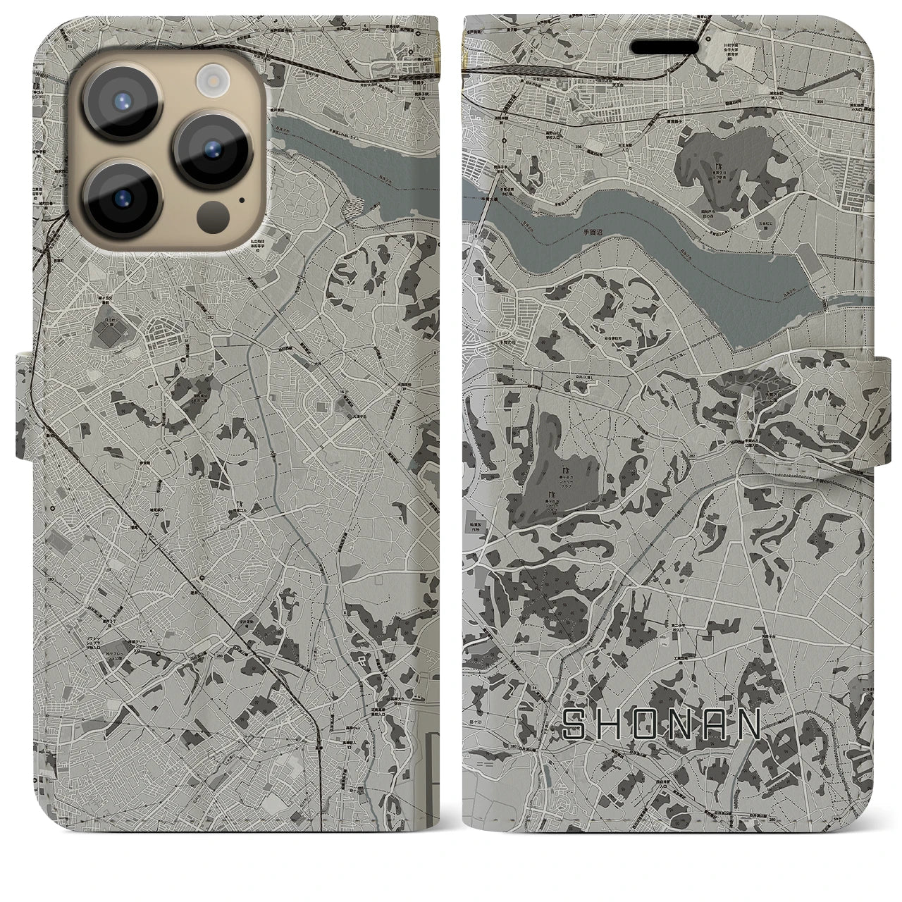 【沼南(千葉県)】地図柄iPhoneケース(手帳タイプ)モノトーン・iPhone 14 Pro Max 用