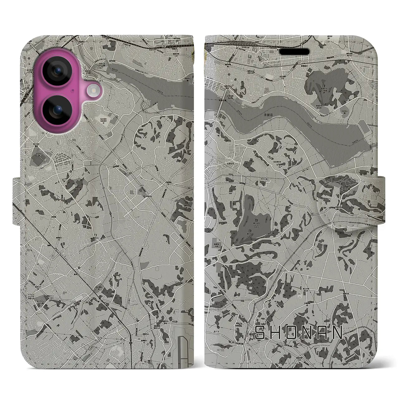 【沼南(千葉県)】地図柄iPhoneケース(手帳タイプ)モノトーン・iPhone 16 Pro 用