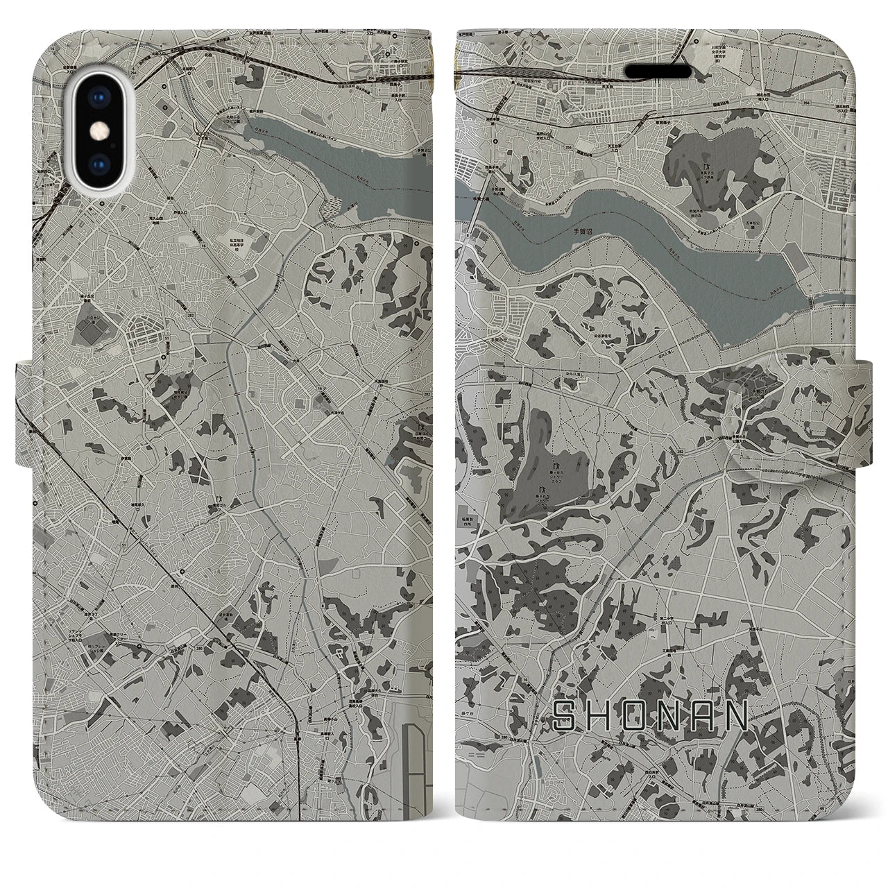 【沼南(千葉県)】地図柄iPhoneケース(手帳タイプ)モノトーン・iPhone XS Max 用