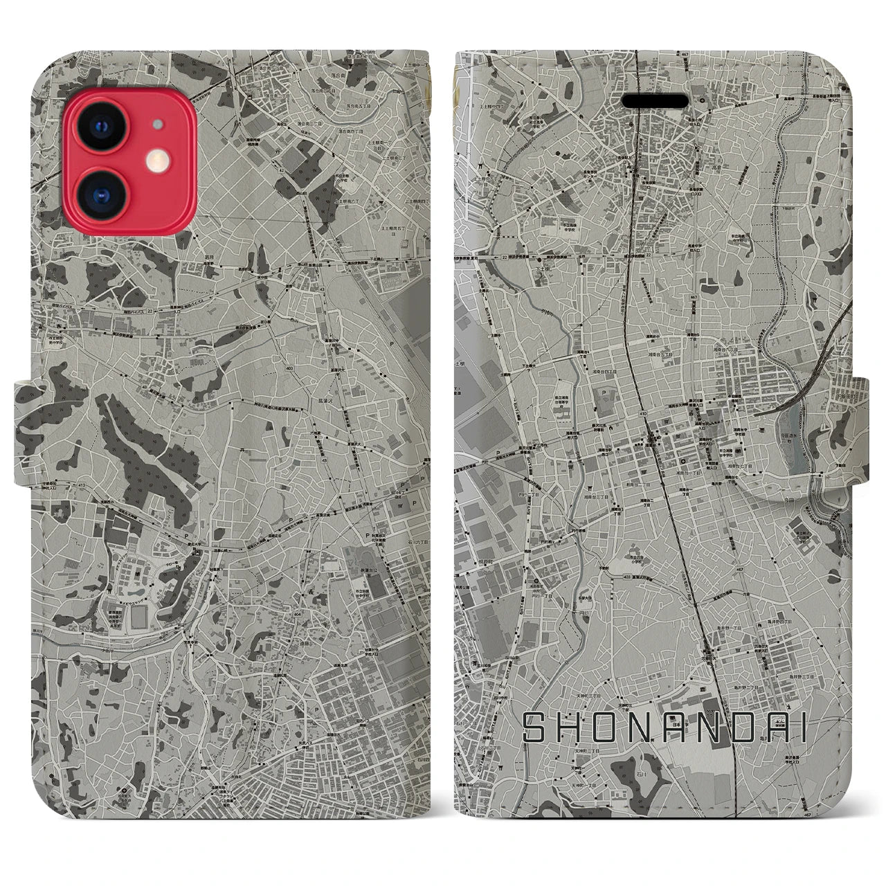【湘南台(神奈川県)】地図柄iPhoneケース(手帳タイプ)モノトーン・iPhone 11 用